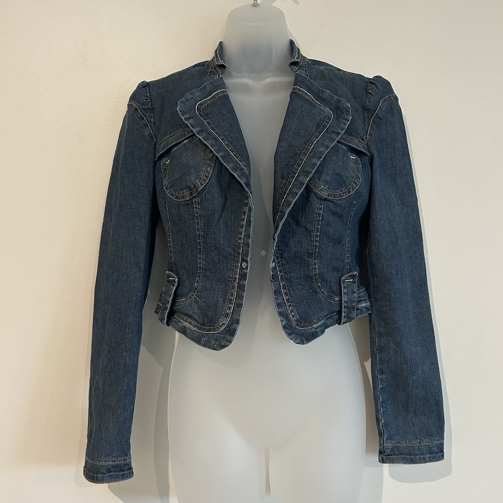 Vtg Sisley Tailored Denim Jacket Sz S Blue Jean Puff Sleeve Stretch Pockets Crop